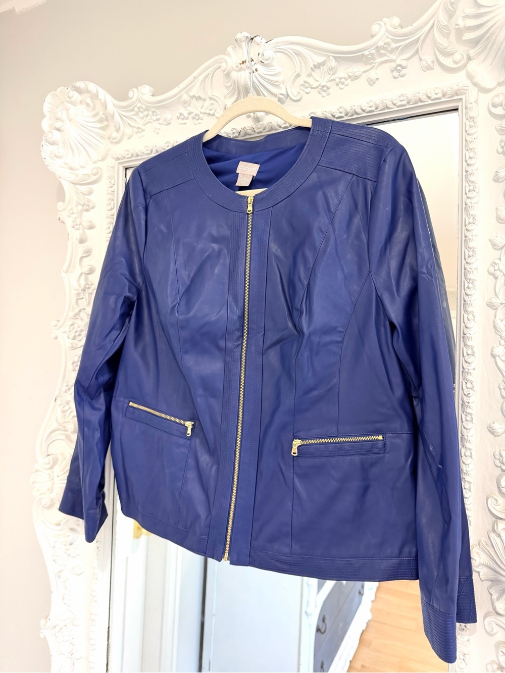 Chico's Blue Faux Leather Full Gold Zip Jacket